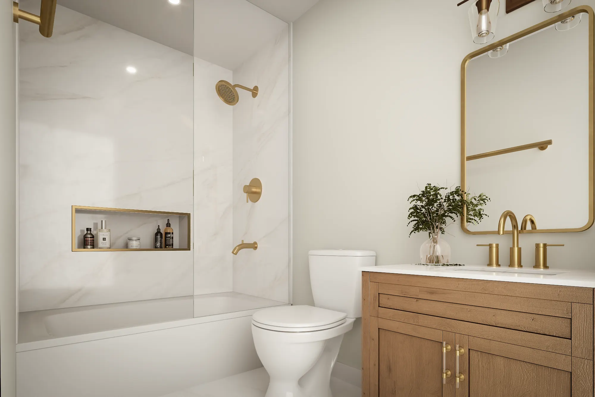 Bath in a Box bathroom design with a tiled shower niche, gold fixtures and an oak vanity