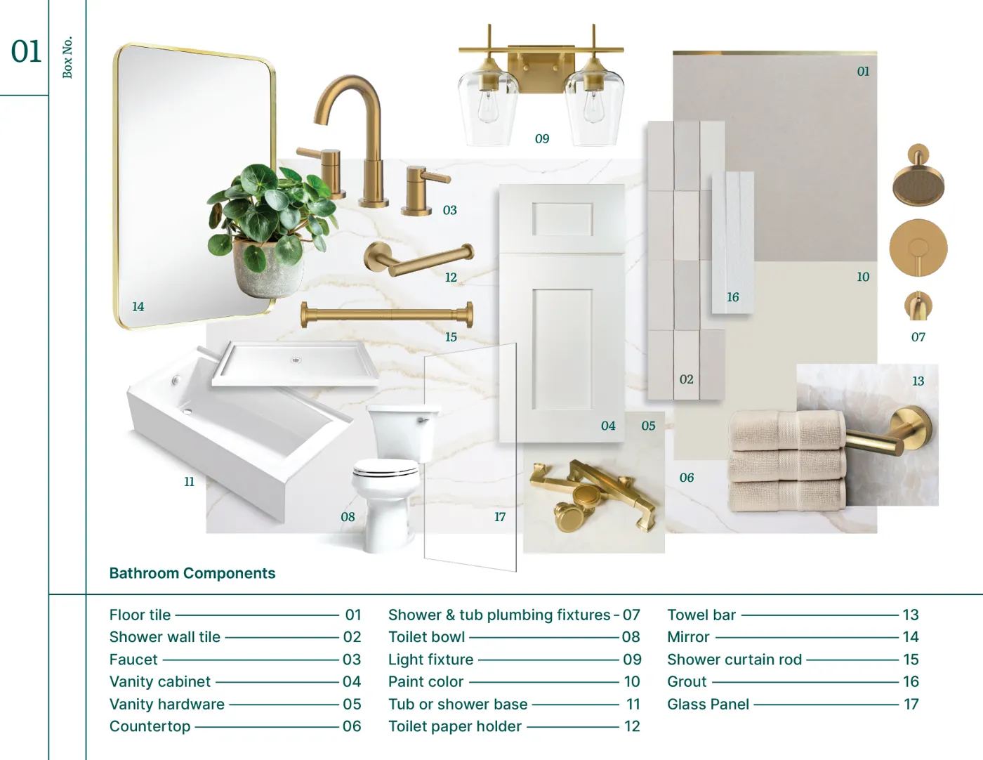 Bath in a Box 01 mood board with finish samples