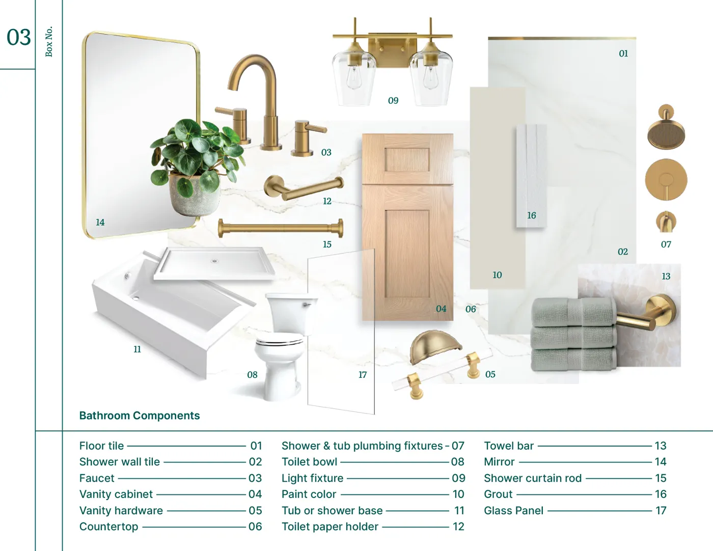 Bath in a Box 03 mood board with finish samples