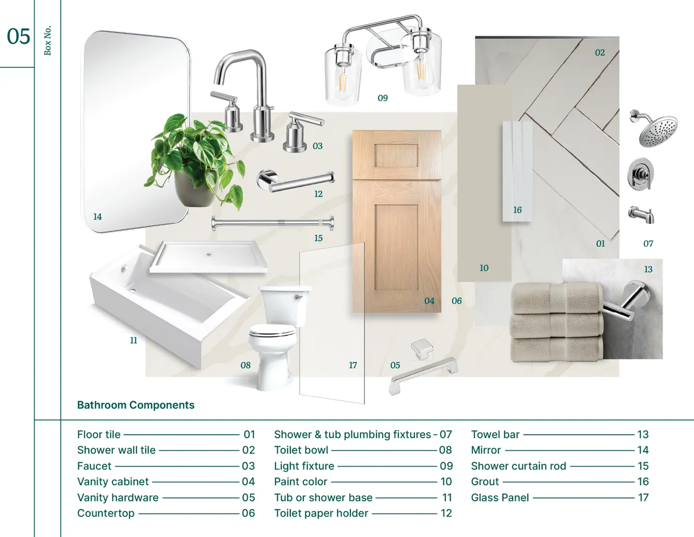 Bath in a Box 05 mood board with finish samples